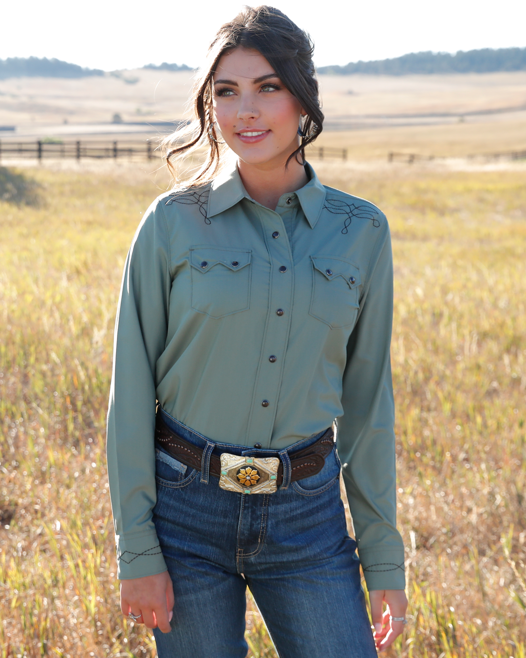 western dress shirts for women Core Collection Olive Gingham Women's Western Shirt
