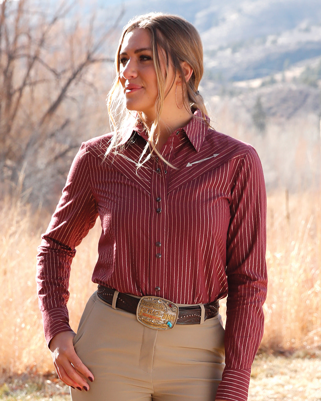 Women's Classic Fit Metallic Stripe Snap Front Western Shirt